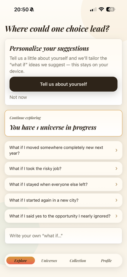 Butterfly's Explore screen, asking 'Where could one choice lead?' with curated what-if prompts