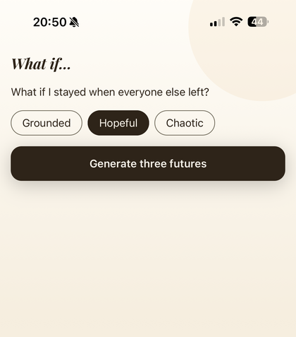 Butterfly's premise screen with a tone picker and a Generate three futures button