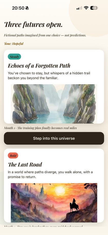 Butterfly's Three futures open screen, showing two illustrated alternate-life paths